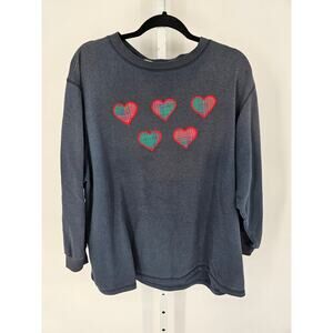 Vtg Ashly Brent Womens Sz XL Crew Neck Sweatshirt Blue w/ Plaid Hearts